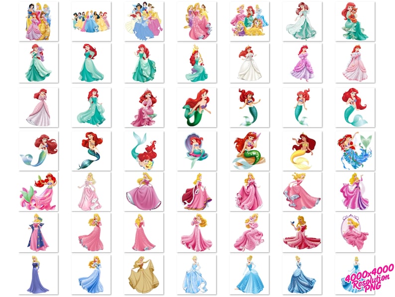 Pu&ograve; includere: Una collezione di immagini quadrate con varie principesse Disney. Le immagini mostrano le principesse nei loro abiti iconici, con colori vivaci come rosa, blu e verde. Alcune immagini presentano Ariel come una sirena.
