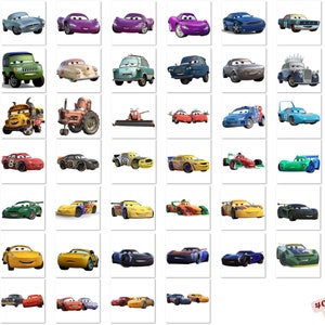 May include: A collection of 40 cartoon cars from the Disney Pixar movie Cars. The cars are in various colors, including red, blue, green, yellow, and purple. The cars are all facing forward and are arranged in a grid pattern.