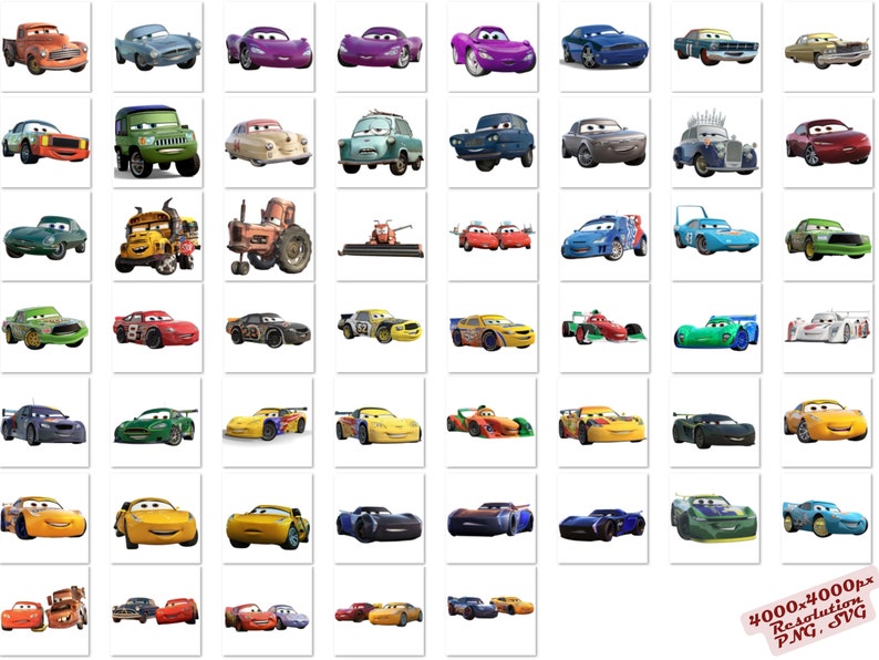 May include: A collection of 40 cartoon cars from the Disney Pixar movie Cars. The cars are in various colors, including red, blue, green, yellow, and purple. The cars are all facing forward and are arranged in a grid pattern.