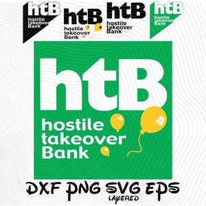 Puede incluir: Un diseño de logotipo con las letras "htB" en blanco sobre un fondo verde. Las palabras "hostile takeover Bank" están debajo. También se incluyen globos amarillos. La parte inferior de la imagen incluye el texto "DXF PNG SVG EPS".
