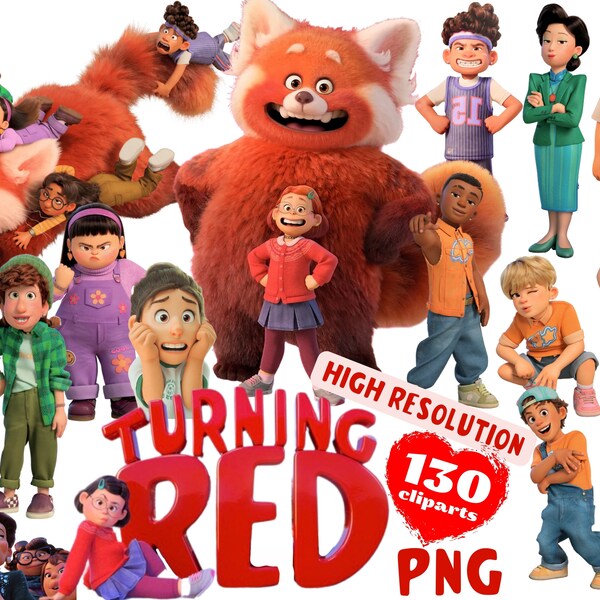 Pacchetto di clipart PNG che diventano rossi, clipart di cartoni animati PNG che diventano rossi per la sublimazione, collezione di clip art a tema film panda rosso PNG