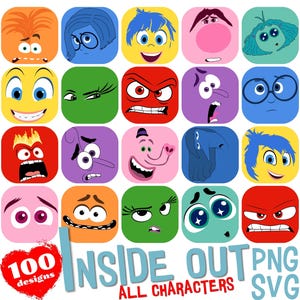 Paquete de imágenes prediseñadas SVG de caras de Inside Out, imágenes prediseñadas de dibujos animados con diseño de camiseta de Inside Out 2, imágenes prediseñadas de Inside Out para sublimación, imágenes SVG de alegría, tristeza, ira, asco y miedo.