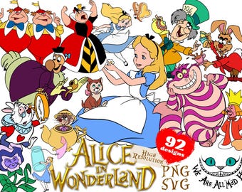 Alice in Wonderland SVG Cliparts Bundle, Alice in Wonderland SVG Cartoon Sublimation Cliparts, Alice in Wonderland Birthday Themed Clipart
