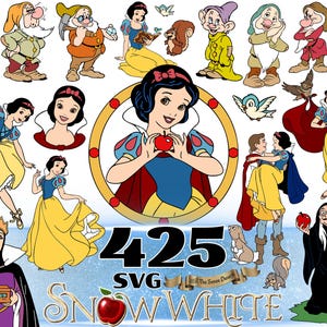 May include: A collection of digital illustrations featuring Snow White, the seven dwarfs, the Evil Queen, and forest animals. The image includes the text 425 SVG SNOW WHITE and The Seven Dwarfs, showcasing various poses of the characters in vibrant colours.