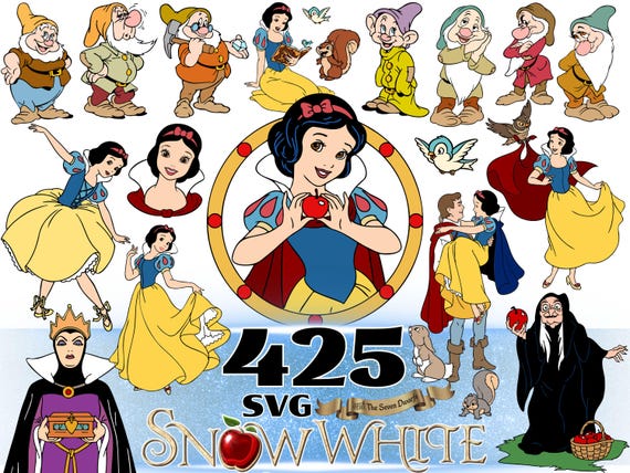 Snow White and Seven Dwarfs SVG Cliparts Bundle, Snow White and Seven Dwarfs PNG Cartoon Sublimation Cliparts, Snow White Themed PNG ClipArt