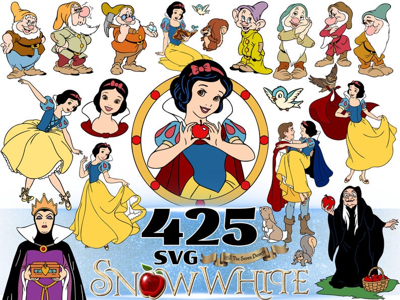 May include: A collection of digital illustrations featuring Snow White, the seven dwarfs, the Evil Queen, and forest animals. The image includes the text 425 SVG SNOW WHITE and The Seven Dwarfs, showcasing various poses of the characters in vibrant colours.