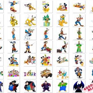 May include: A collection of cartoon character images, featuring Mickey Mouse, Donald Duck, Goofy, Pluto, and other Disney characters. Each character is depicted in various poses and settings, with vibrant colors and detailed illustrations.