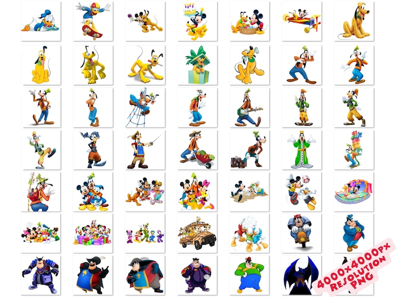 May include: A collection of cartoon character images, featuring Mickey Mouse, Donald Duck, Goofy, Pluto, and other Disney characters. Each character is depicted in various poses and settings, with vibrant colors and detailed illustrations.