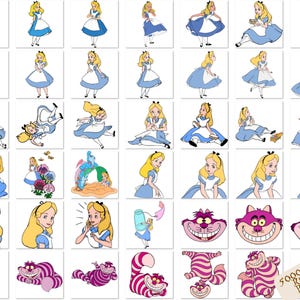 K&ouml;nnte beinhalten: Eine Sammlung von 36 Cartoon-Bildern mit Alice aus Alice im Wunderland. Die Bilder zeigen Alice in verschiedenen Posen und Ausdr&uuml;cken, darunter mit einer Teetasse in der Hand, beim Herunterfallen in ein Kaninchenloch und beim Interagieren mit der Grinsekatze. Die Bilder sind in einem hellen, farbenfrohen Stil gehalten.