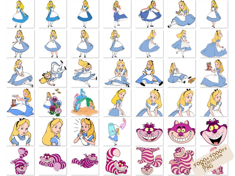 K&ouml;nnte beinhalten: Eine Sammlung von 36 Cartoon-Bildern mit Alice aus Alice im Wunderland. Die Bilder zeigen Alice in verschiedenen Posen und Ausdr&uuml;cken, darunter mit einer Teetasse in der Hand, beim Herunterfallen in ein Kaninchenloch und beim Interagieren mit der Grinsekatze. Die Bilder sind in einem hellen, farbenfrohen Stil gehalten.