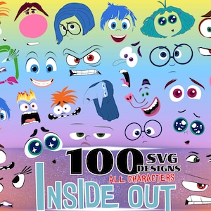 May include: A collection of 100 SVG designs featuring various character faces and expressions from Inside Out, including eyes, mouths, and hair styles in vibrant colors against a gradient background with the text 100 SVG DESIGNS ALL CHARACTERS INSIDE OUT.