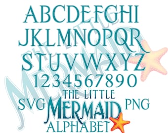 El paquete de imágenes prediseñadas de letras del alfabeto de la Sirenita, imágenes prediseñadas de sublimación de dibujos animados SVG de sirena, la fuente temática de la película La Sirenita Ariel