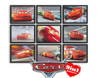 Set de 9 pósteres de Cars Disney, arte digital imprimible de Cars, Cars Rayo McQueen, pósteres de Cars (jpg) para pared, imprimibles y decoraciones.
