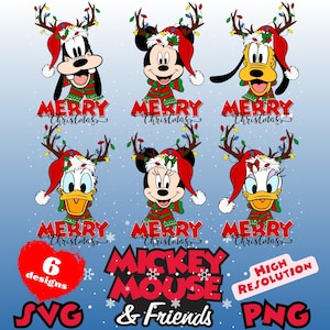 Lot de Sublimation de tshirt SVG Noël Mickey Mouse et ses amis, cliparts de sublimation de dessin animé PNG Noël Mickey Mouse, Noël de Mickey