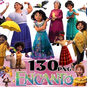May include: A digital collection of Encanto characters including Mirabel, Luisa, Isabela, Bruno, and others, featuring a yellow umbrella, a capybara, a jaguar, and the text 130 PNG ENCANTO, presented as a graphic illustration set.