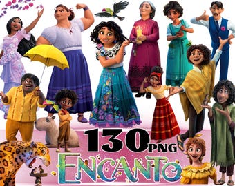 Puede incluir: Una colección digital de personajes de Encanto que incluye a Mirabel, Luisa, Isabela, Bruno y otros, con un paraguas amarillo, un capibara, un jaguar y el texto 130 PNG ENCANTO, presentada como un conjunto de ilustraciones.