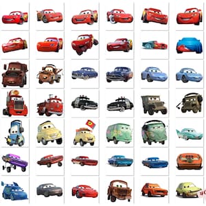 May include: A collection of cartoon cars from the Disney Pixar movie Cars. The cars are in various colors, including red, blue, green, and yellow. The cars are all different makes and models, including a race car, a truck, a van, and a sports car.