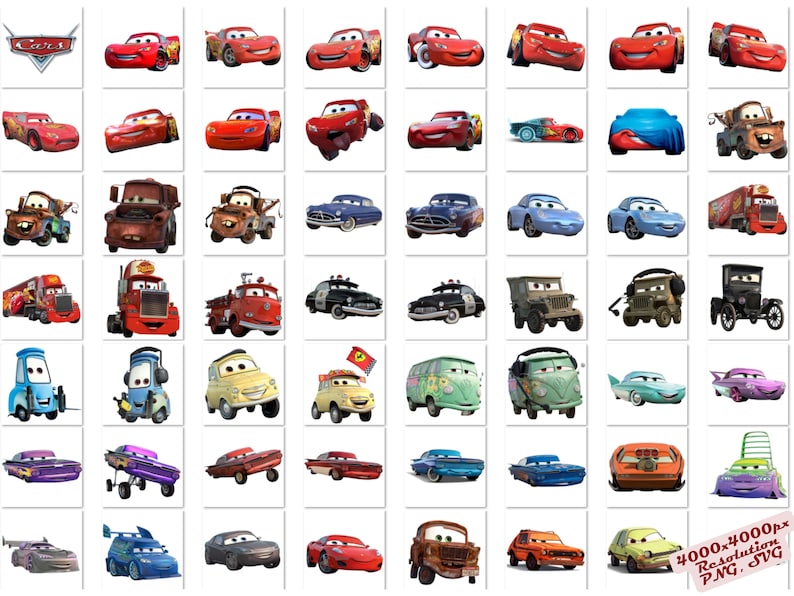 May include: A collection of cartoon cars from the Disney Pixar movie Cars. The cars are in various colors, including red, blue, green, and yellow. The cars are all different makes and models, including a race car, a truck, a van, and a sports car.
