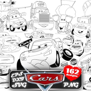 Paquete de imágenes prediseñadas de coches en formato SVG, PNG, DXF y EPS. Imágenes prediseñadas de coches en formato SVG, dibujos animados de coches, sublimación de coches, Rayo McQueen, paquete de imágenes prediseñadas de personajes de coches en formato PNG y SVG.