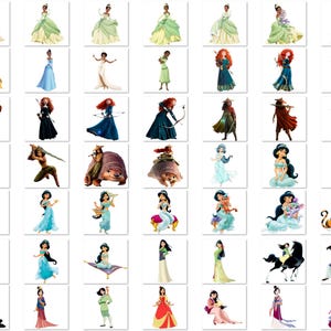 Pu&ograve; includere: Una collezione di illustrazioni con varie principesse animate nei loro abiti iconici. Le immagini mostrano una variet&agrave; di abiti e pose dinamiche, con colori vivaci e design dettagliati. Le principesse provengono da diversi film d'animazione.