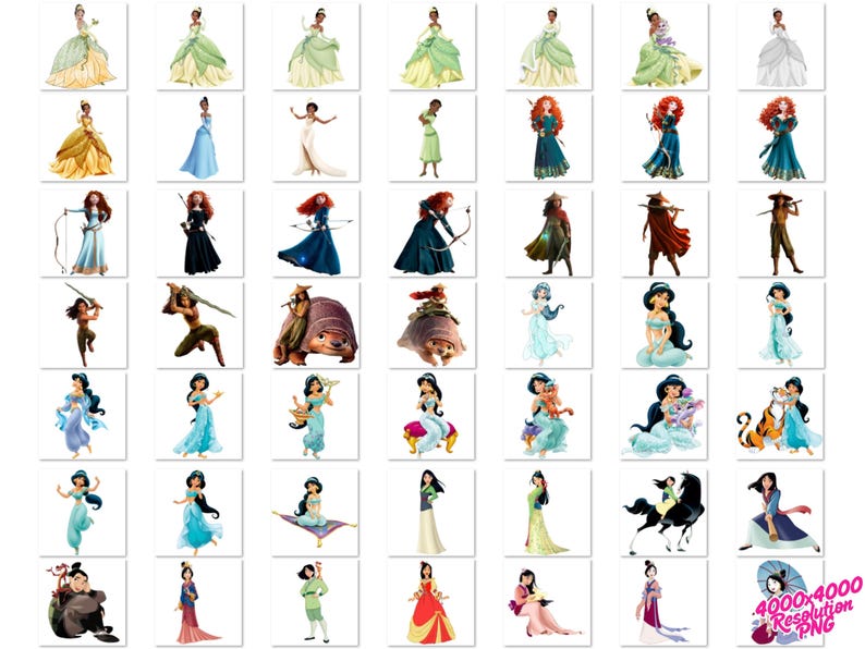 Pu&ograve; includere: Una collezione di illustrazioni con varie principesse animate nei loro abiti iconici. Le immagini mostrano una variet&agrave; di abiti e pose dinamiche, con colori vivaci e design dettagliati. Le principesse provengono da diversi film d'animazione.