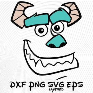 May include: A cartoon illustration of a monster's face, featuring large eyes, a wide grin, and distinctive horns. The design incorporates teal and tan colors, with the text "DXF PNG SVG EPS LAYERED" at the bottom.