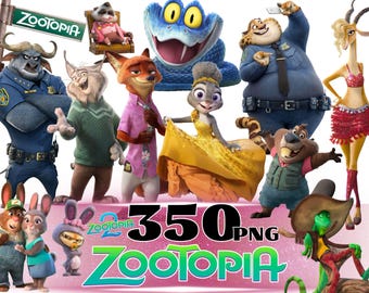May include: A collection of Zootopia characters including Judy Hopps, Nick Wilde, Chief Bogo, and Gazelle, with a Zootopia street sign and text reading 350 PNG Zootopia. The characters are depicted in various outfits and poses against a white background.