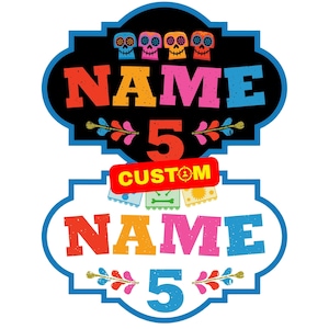 May include: A graphic design featuring two decorative frames with blue borders. The top frame is black with four colorful skulls, the text NAME, and the number 5. The bottom frame is white with the text NAME, the number 5, and a red CUSTOM label.