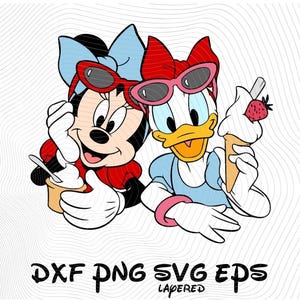 May include: Digital graphic of Minnie Mouse and Daisy Duck wearing sunglasses, holding ice cream cones. Minnie has a red bow and Daisy a pink bow. The image includes the text "DXF PNG SVG EPS LAYERED".