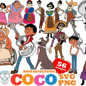 Paquete de imágenes prediseñadas SVG PNG de Coco, paquete de sublimación de Coco, imágenes prediseñadas PNG de fiesta de cumpleaños con temática de película de dibujos animados de Coco, colección SVG de Coco de alta resolución.