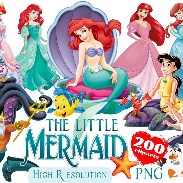 The Little Mermaid PNG Cliparts Bundle, Ariel PNG Cartoon Sublimation Cliparts, The Little Mermaid Ariel Movie Themed Clip Arts Bundle PNG