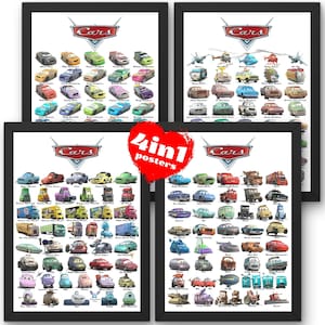 Può includere: Quattro poster incorniciati con personaggi del film d'animazione "Cars". Ogni poster mostra una collezione di veicoli colorati, con il logo "Cars" in alto. È visibile un adesivo rosso a forma di cuore con "4in1 posters".