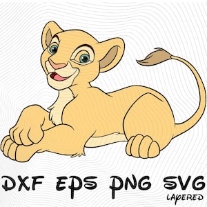 May include: A cartoon illustration of a light brown lion cub with a light brown tail, lying on its belly with its paws tucked under its body. The cub has a light brown nose, green eyes, and a light pink mouth. The cub is smiling.