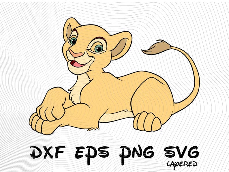 May include: A cartoon illustration of a light brown lion cub with a light brown tail, lying on its belly with its paws tucked under its body. The cub has a light brown nose, green eyes, and a light pink mouth. The cub is smiling.
