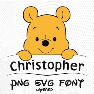 May include: A yellow cartoon bear with black eyes and a smile, holding a white sign with the name "Christopher" in black script. Below the name are the words "PNG SVG FONT" and "LAYERED". The background has a wavy pattern.