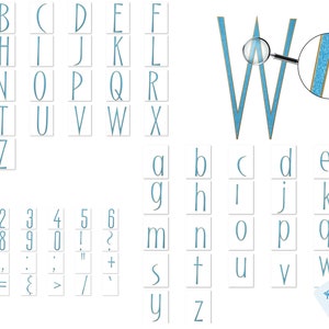 May include: A blue font alphabet with uppercase and lowercase letters, numbers, and symbols. The letter W is highlighted with a magnifying glass showing the detail of the font.