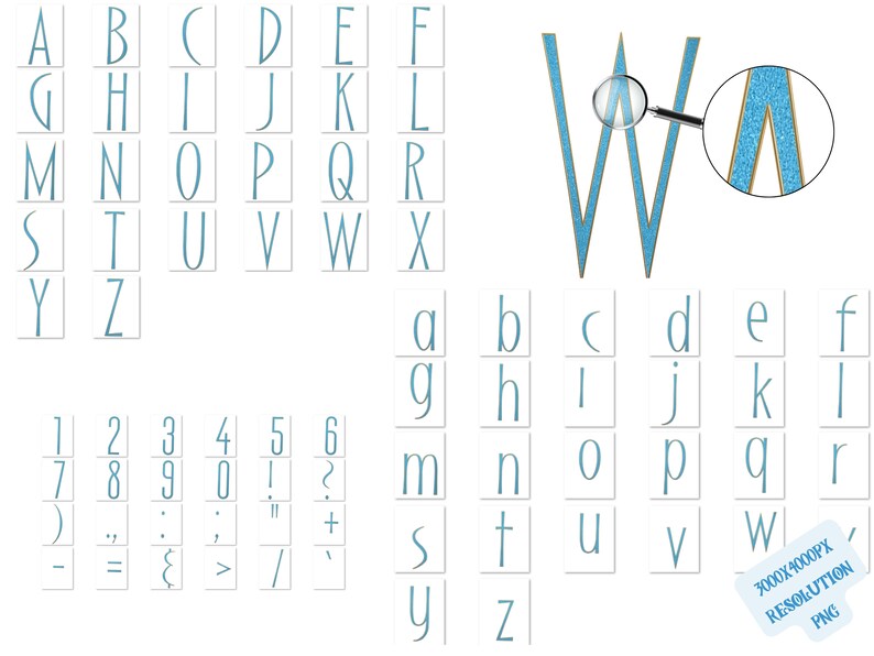 May include: A blue font alphabet with uppercase and lowercase letters, numbers, and symbols. The letter W is highlighted with a magnifying glass showing the detail of the font.