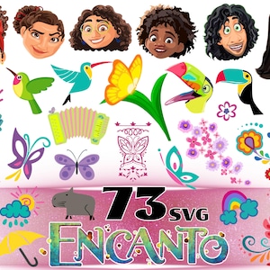 May include: A collection of digital illustrations featuring cartoon character heads, colorful butterflies, tropical birds, a dumbbell, an accordion, flowers, a capybara, a yellow umbrella, and a rainbow. The text 73 SVG ENCANTO is displayed.