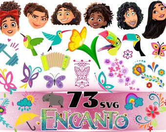 May include: A collection of digital illustrations featuring cartoon character heads, colorful butterflies, tropical birds, a dumbbell, an accordion, flowers, a capybara, a yellow umbrella, and a rainbow. The text 73 SVG ENCANTO is displayed.