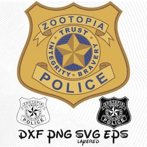 Peut inclure: Un écusson de la police de Zootopie en or, bleu et blanc, avec une étoile et les mots "Intégrité, Bravoure, Confiance". En dessous, des versions noir et blanc de l'écusson, ainsi que les formats DXF, PNG, SVG et EPS.