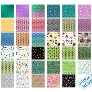 May include: A set of 48 digital paper patterns featuring various designs, including floral, geometric, and cartoon characters. The patterns are in a variety of colors, including pink, blue, green, yellow, and purple. The patterns are 3600x3600 pixels in resolution.