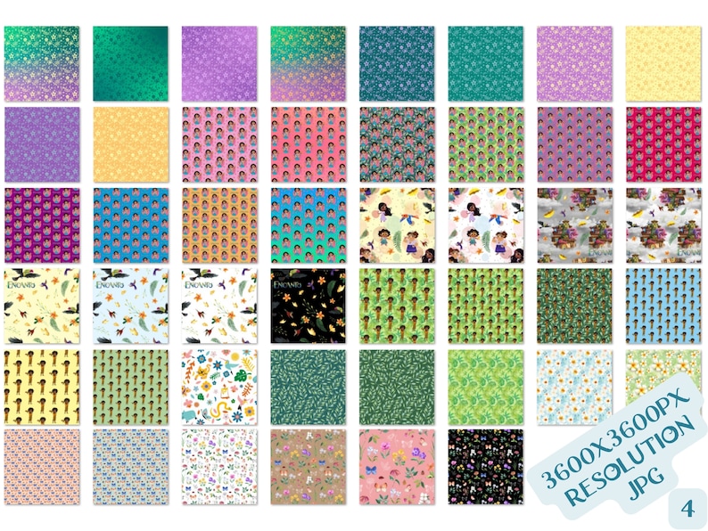 May include: A set of 48 digital paper patterns featuring various designs, including floral, geometric, and cartoon characters. The patterns are in a variety of colors, including pink, blue, green, yellow, and purple. The patterns are 3600x3600 pixels in resolution.