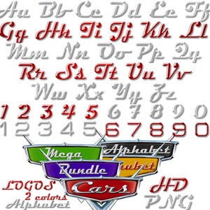 Fuentes de alfabeto originales de Cars PNG, imágenes prediseñadas de dibujos animados de Cars PNG, sublimación de Cars, letras del alfabeto de Lightning McQueen y Tow Mater PNG Cliparts