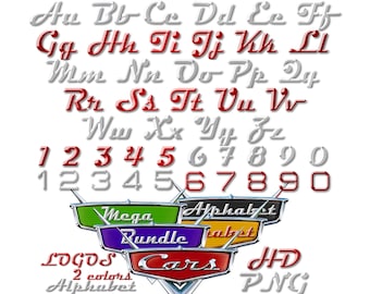 Cars Original Alphabet Font PNG, Cars PNG Cartoon Cliparts, Cars Sublimation, Lightning McQueen and Tow Mater Alphabet Letters PNG Cliparts
