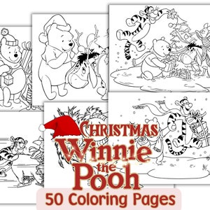 Winnie the Pooh Christmas Coloring Pages, Christmas Cartoon Cliparts Coloring Book, Winnie the Pooh Friends Sublimation Christmas Coloring