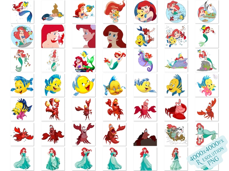 Pode incluir: Um conjunto de 36 imagens de clipart digital com personagens do filme da Disney A Pequena Sereia. As imagens incluem Ariel, Sebasti&atilde;o, Linguado, &Uacute;rsula e outros personagens do filme. As imagens est&atilde;o em estilo de desenho animado e s&atilde;o perfeitas para usar em scrapbooking, cria&ccedil;&atilde;o de cart&otilde;es e outros projetos de artesanato.