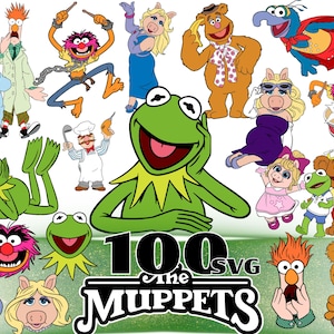 Może przedstawiać: Kolekcja postaci z Muppetów, w tym żaba Kermit, panna Piggy, miś Fozzie, Gonzo, Animal i Beaker, w różnych pozach i strojach. Tekst 100 SVG The MUPPETS jest wyświetlany pogrubioną, czarną, stylizowaną czcionką u dołu obrazu.