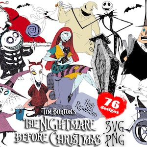 Paquete de imágenes prediseñadas SVG PNG de Pesadilla antes de Navidad de Tim Burton, imágenes prediseñadas de sublimación de dibujos animados de Pesadilla, paquete de Pesadilla antes de Navidad