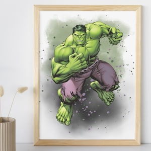 Puede incluir: Una ilustraci&oacute;n del Hulk, un superh&eacute;roe, en una pose de lucha. Es verde y morado con un fondo verde y salpicaduras blancas.