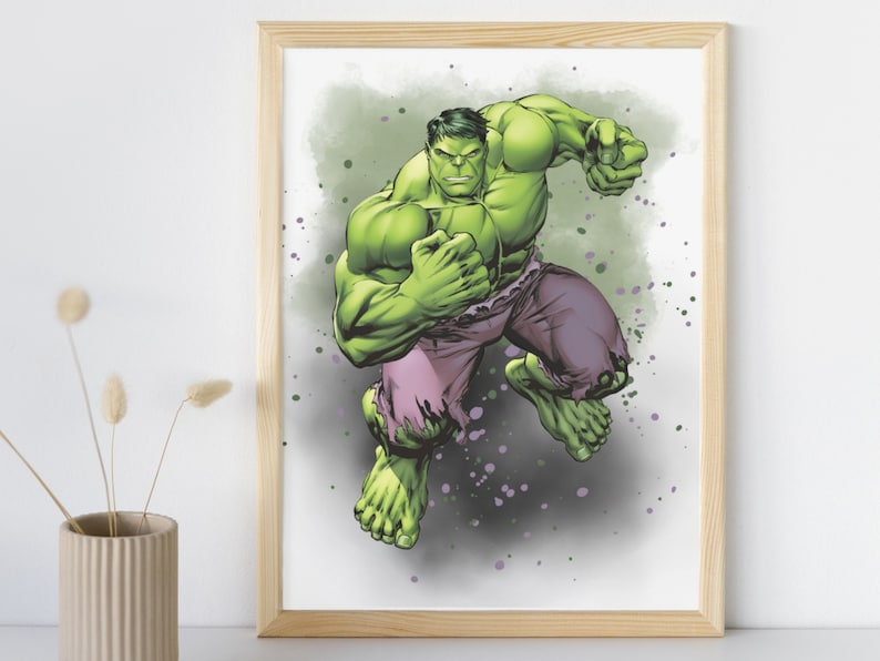 Puede incluir: Una ilustraci&oacute;n del Hulk, un superh&eacute;roe, en una pose de lucha. Es verde y morado con un fondo verde y salpicaduras blancas.